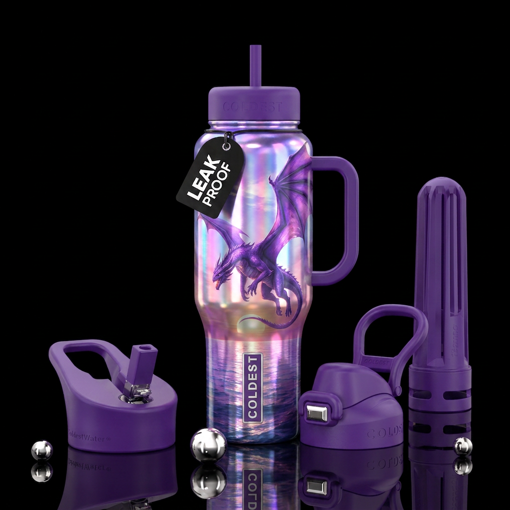 Purple flying dragon flying towards sunsetting int... water bottle design