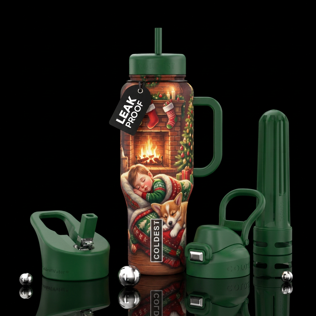 Sleeping toddler with corgi infant of fire place w... water bottle design