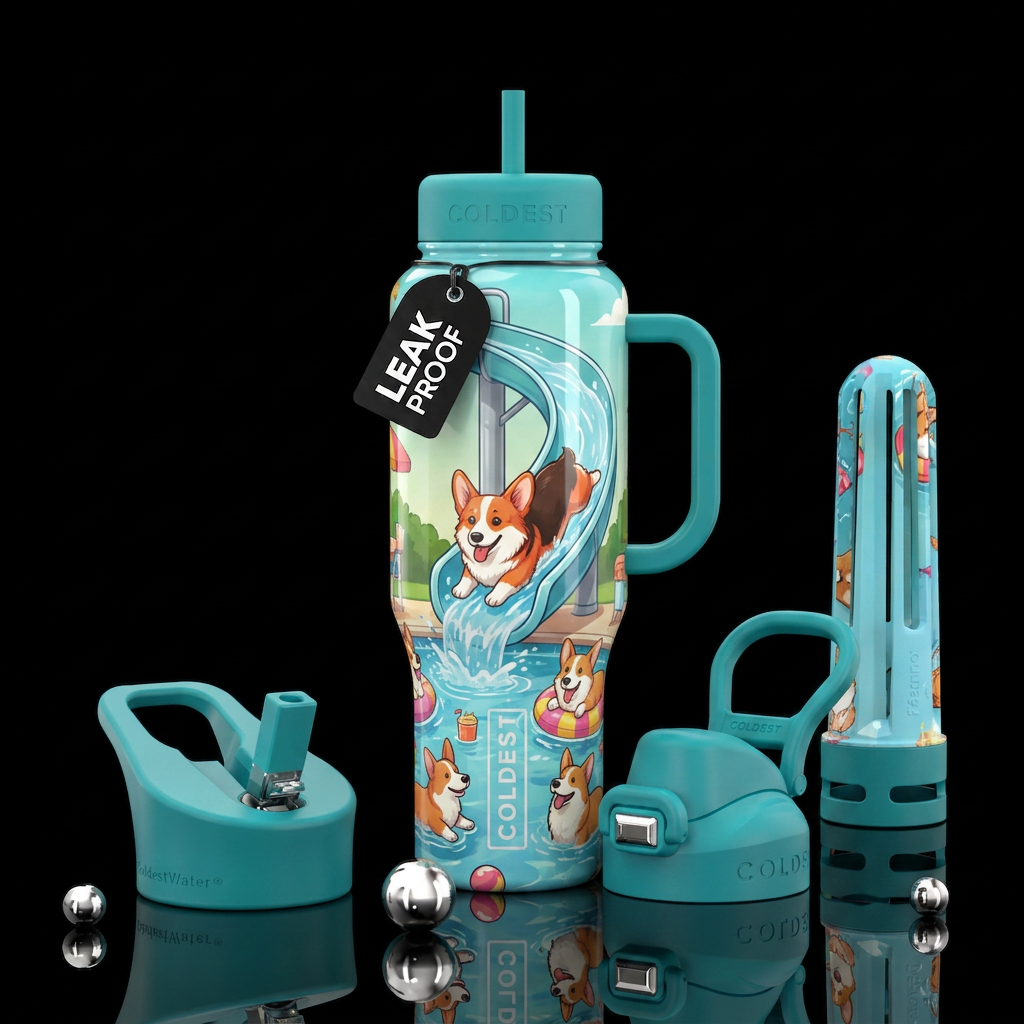Tricolor redheaded corgi sliding down a water slid... water bottle design