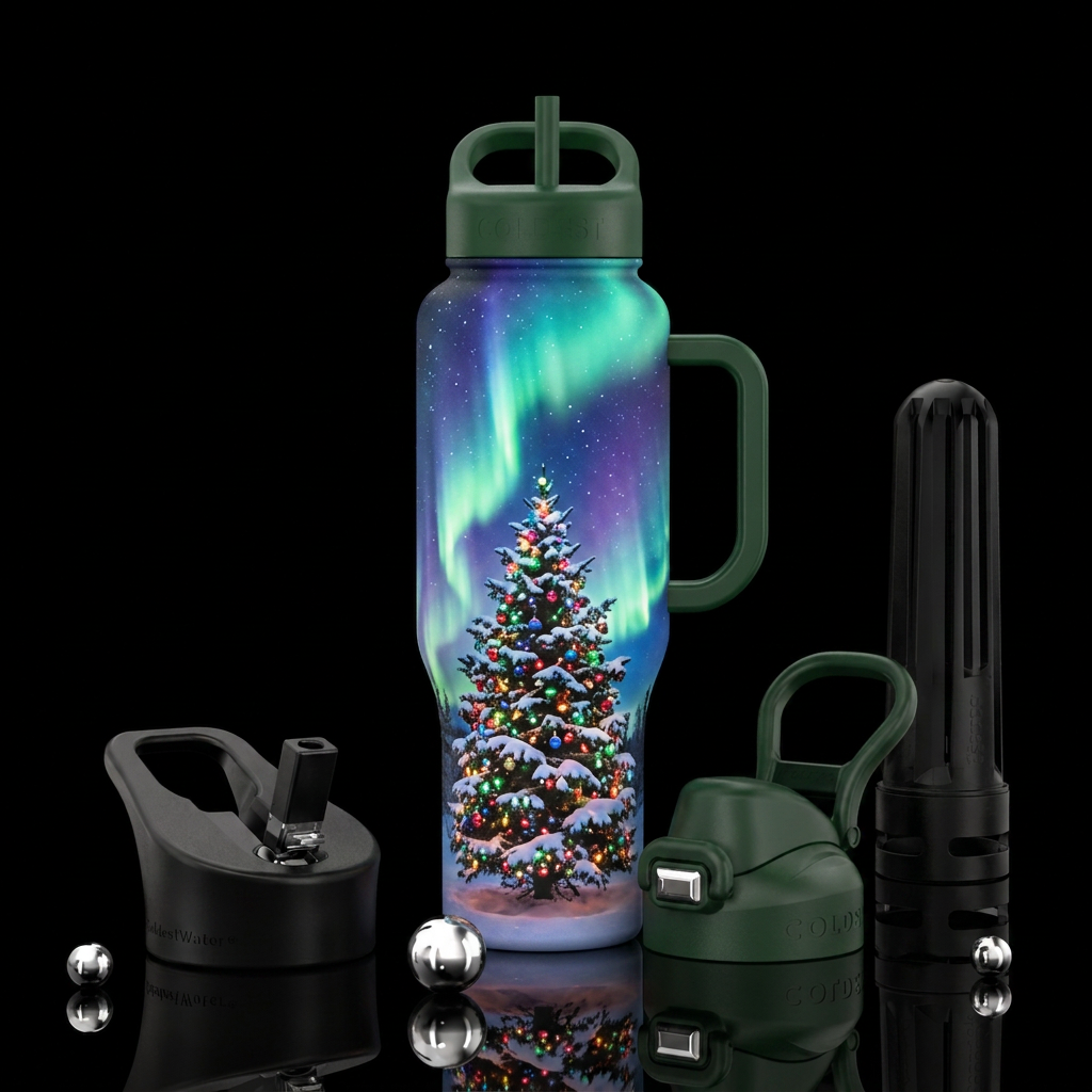 Outdoor lit up Christmas tree under the northern l... water bottle design
