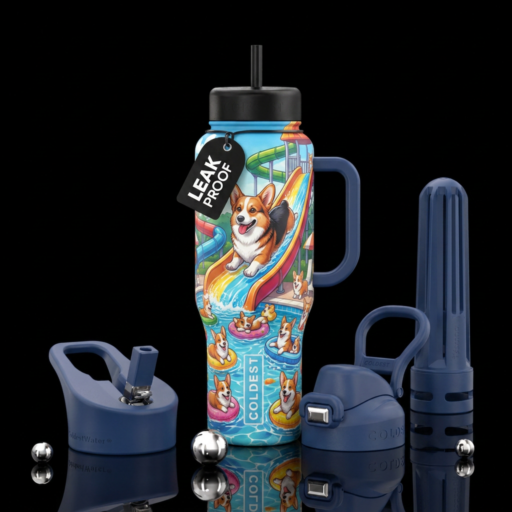 Tricolor redheaded corgi sliding down a water slid... water bottle design