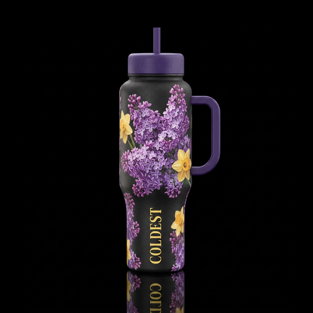 Lilacs with a few daffodils, beautiul water bottle design