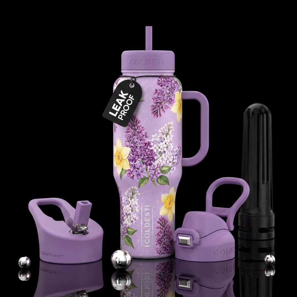 Lilacs with a few daffodils,, sparkly, shiny, spar... water bottle design