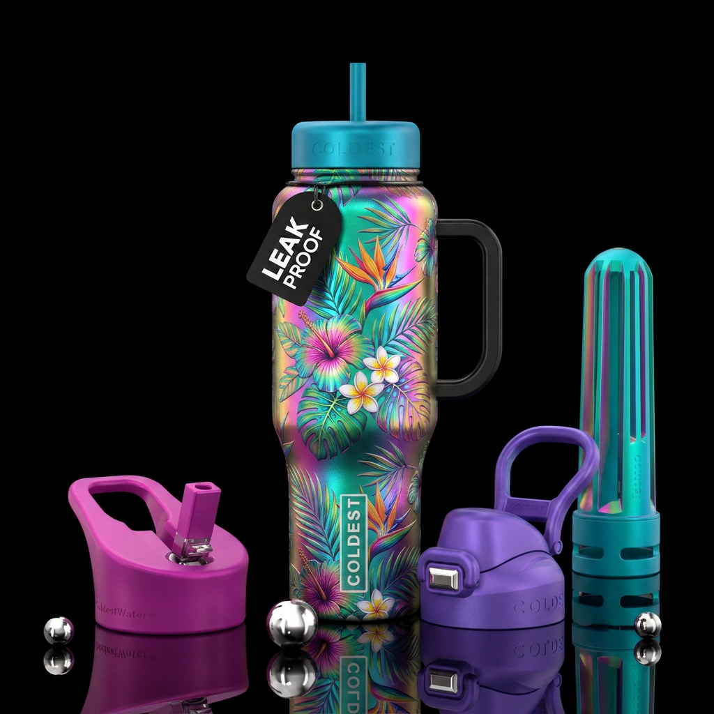 Tropical floral paradise, irridescent water bottle design