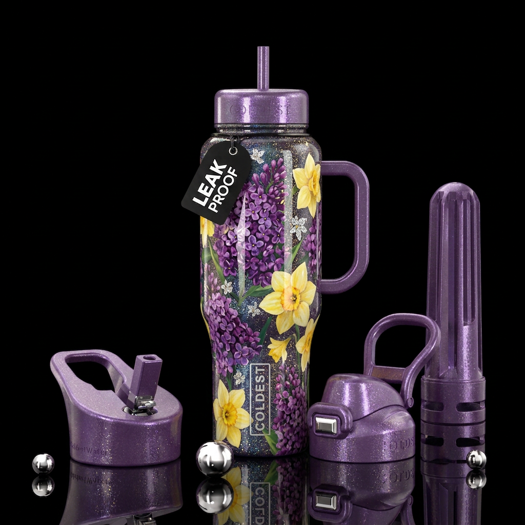 Lilacs with a few daffodils,, sparkly, shiny, spar... water bottle design