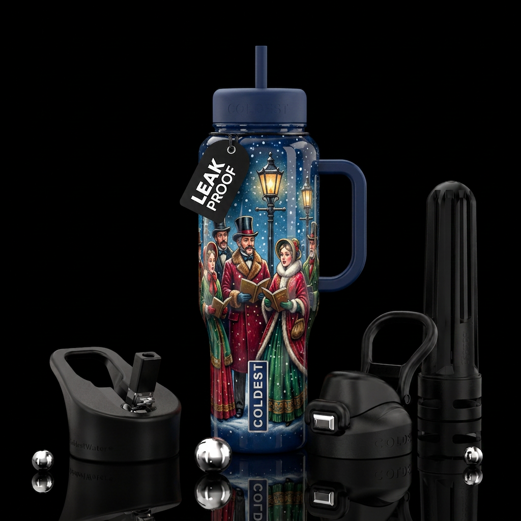 Old-fashioned Christmas carolers light snowfall ea... water bottle design