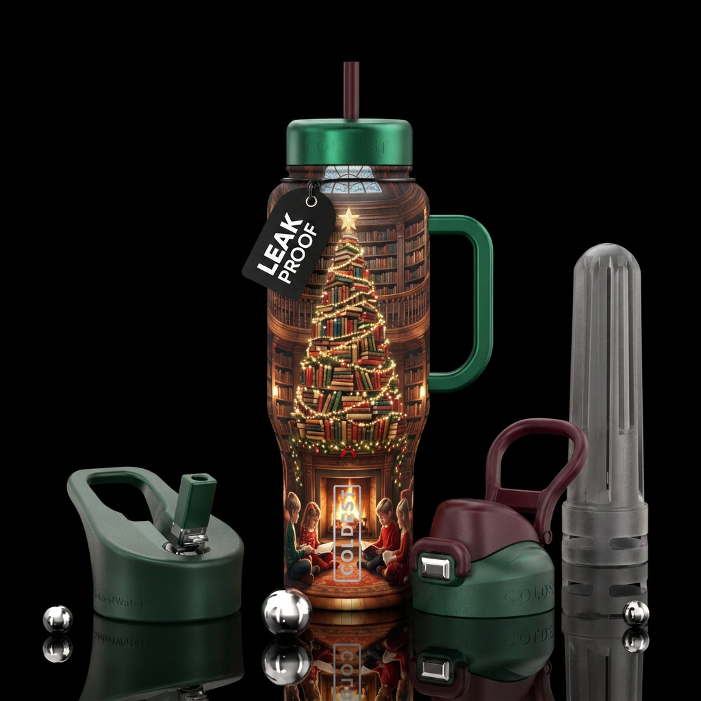 Christmas tree made from books  with Christmas lig... water bottle design
