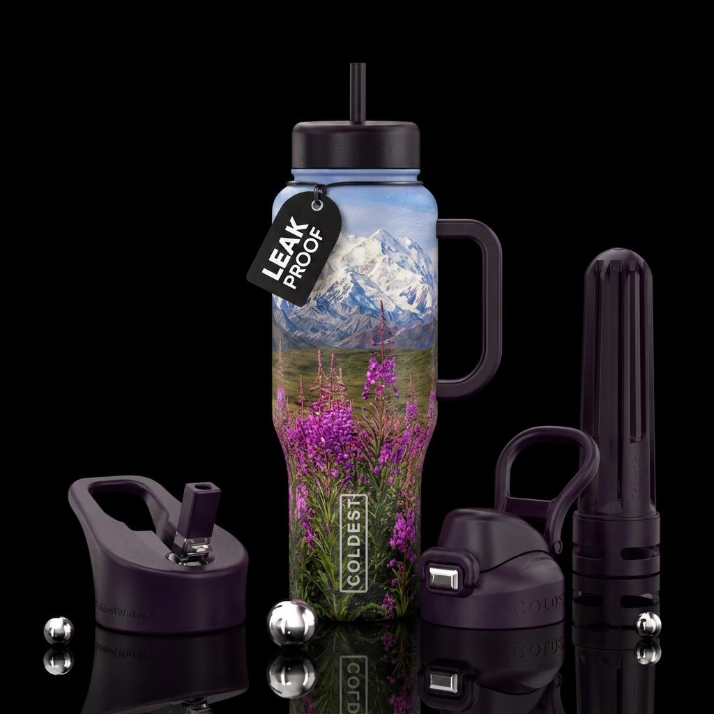 Mount Denali in background, blooming firweed in th... water bottle design