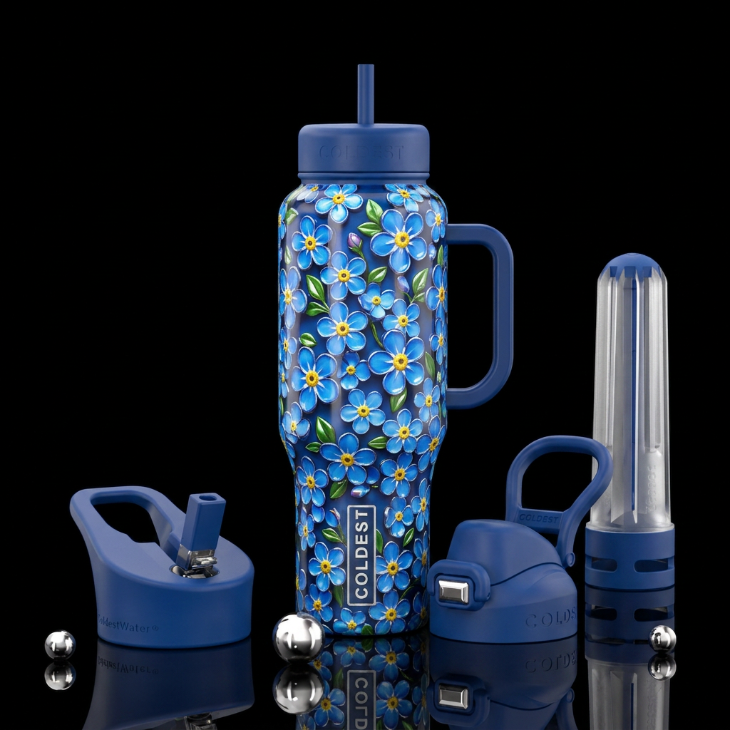 Forget me nots, shiny, beautiul water bottle design