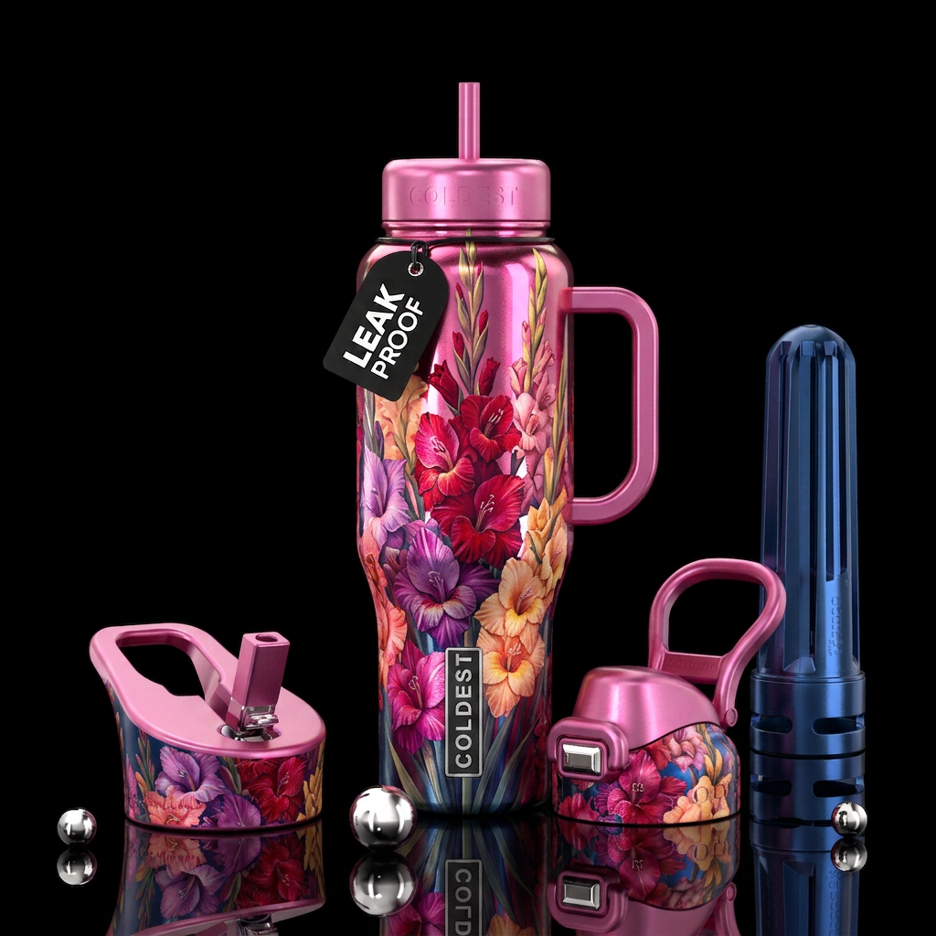 Gladiolus, different colors, shiny, beautiul water bottle design