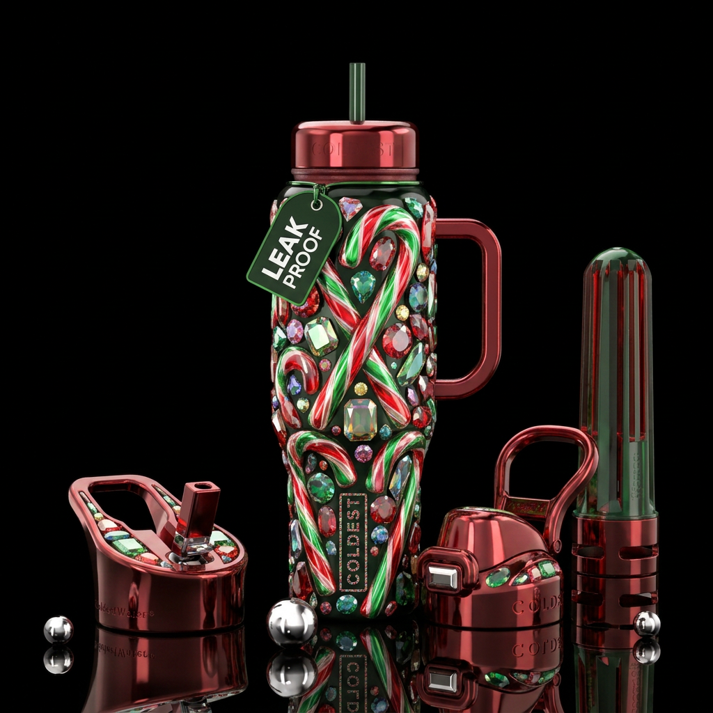 Red and green candy canes, shiny, sparkly, beautiu... water bottle design