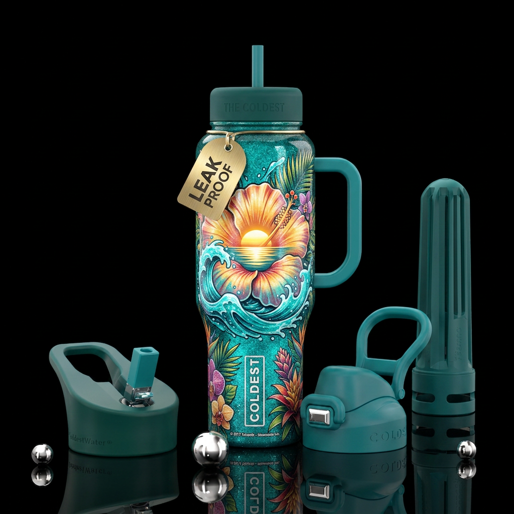 Ocean Hibiscus Sunset on Teal water bottle design