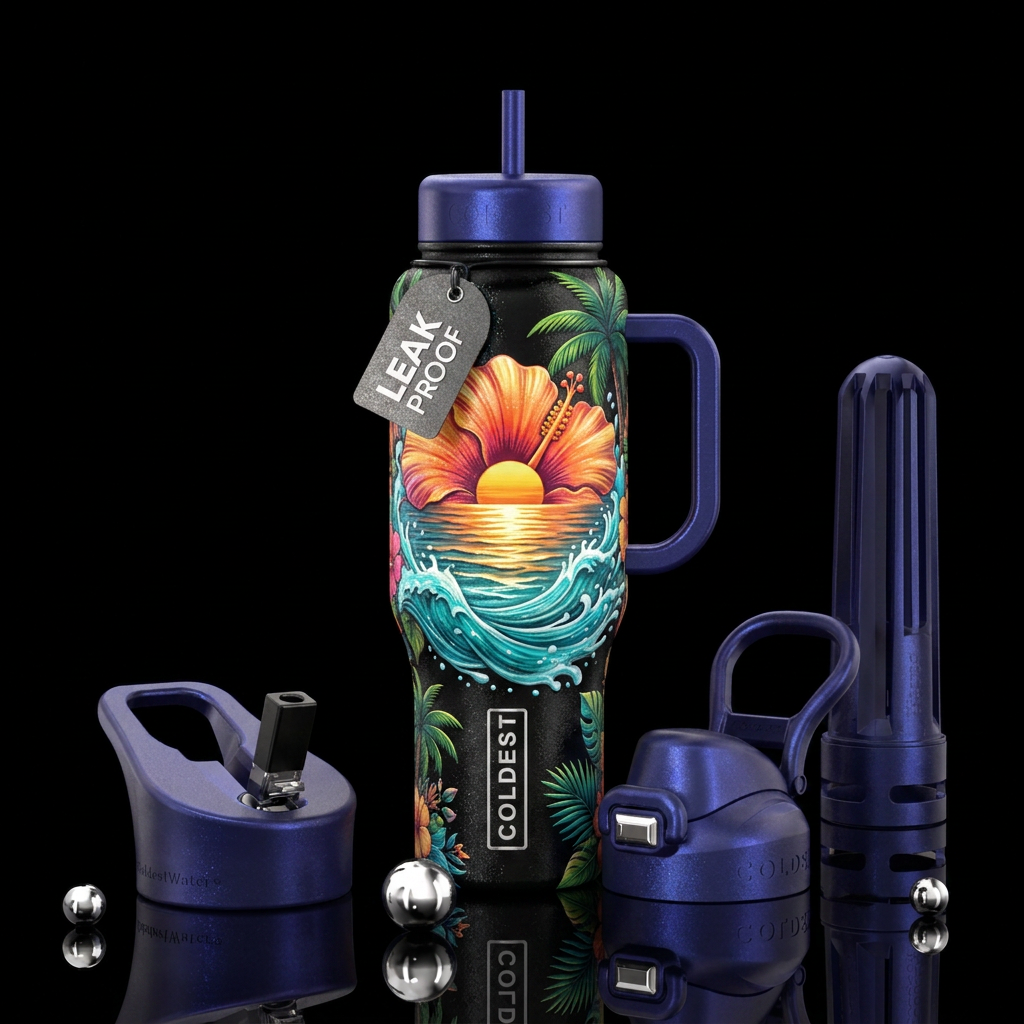 Ocean Hibiscus Sunset on black water bottle design