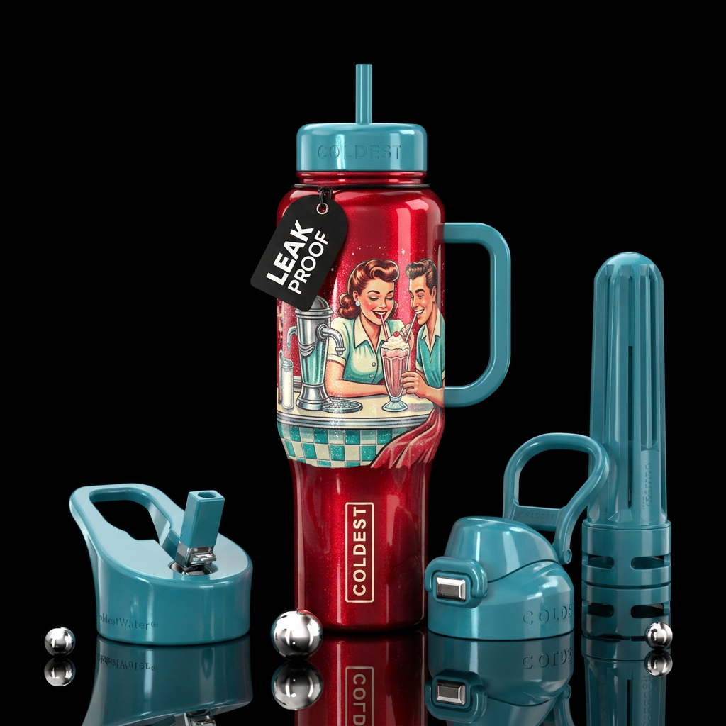 1950's soda fountain date, sharing  a milk shake, ... water bottle design