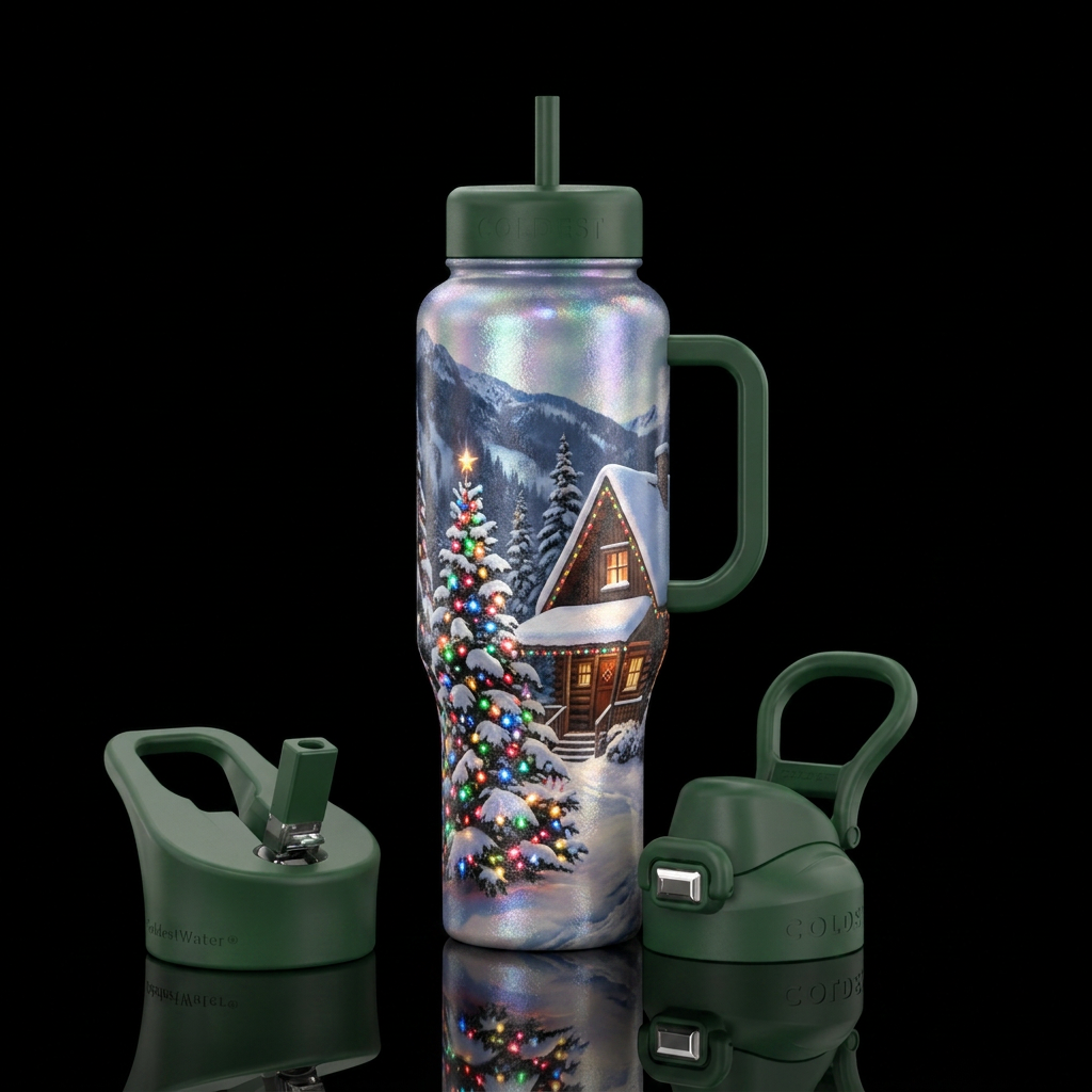Outdoor Christmas trees with multicolored lights c... water bottle design