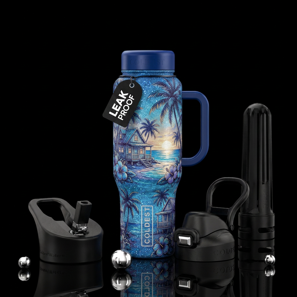 Morning coffee online of beach front tropical cott... water bottle design