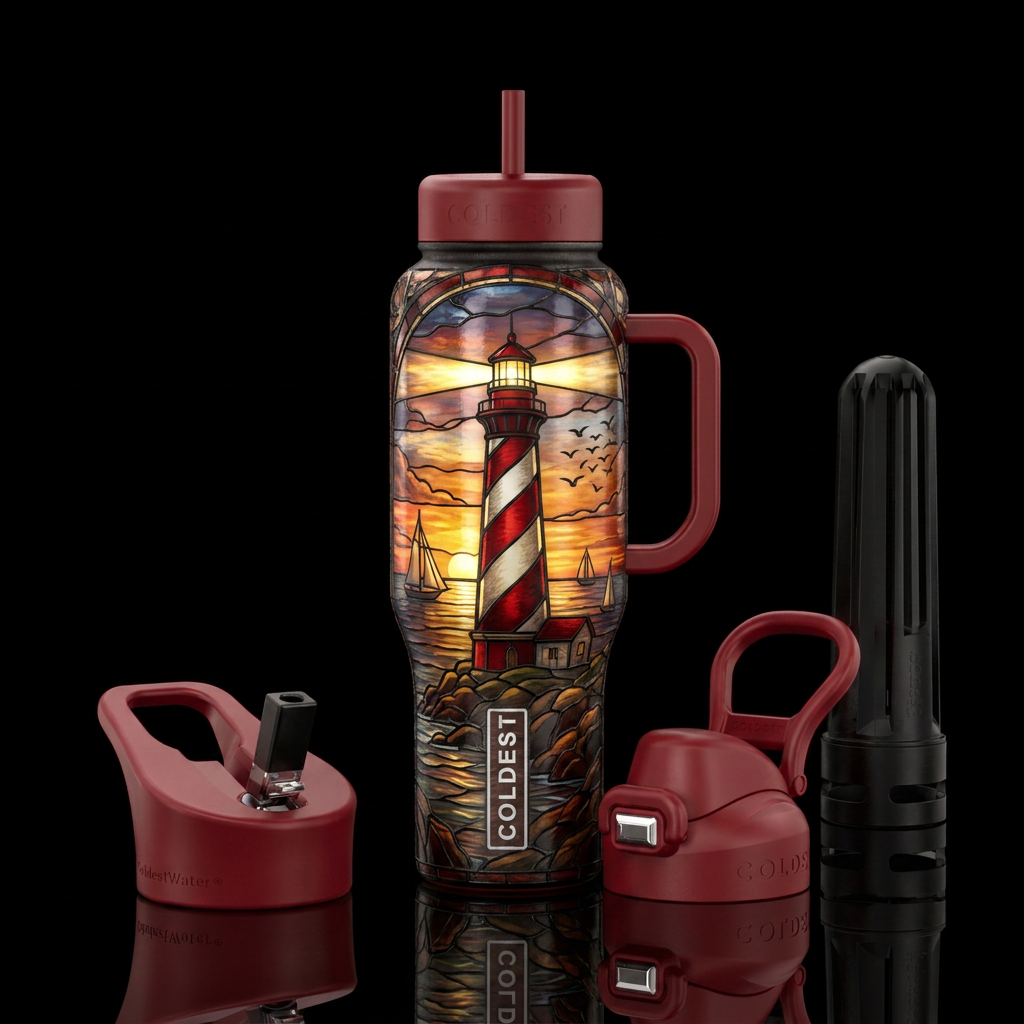 Stained glass lighthouse water bottle design