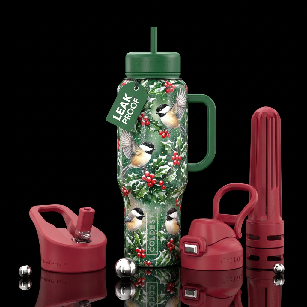 Chickadees and Holly water bottle design