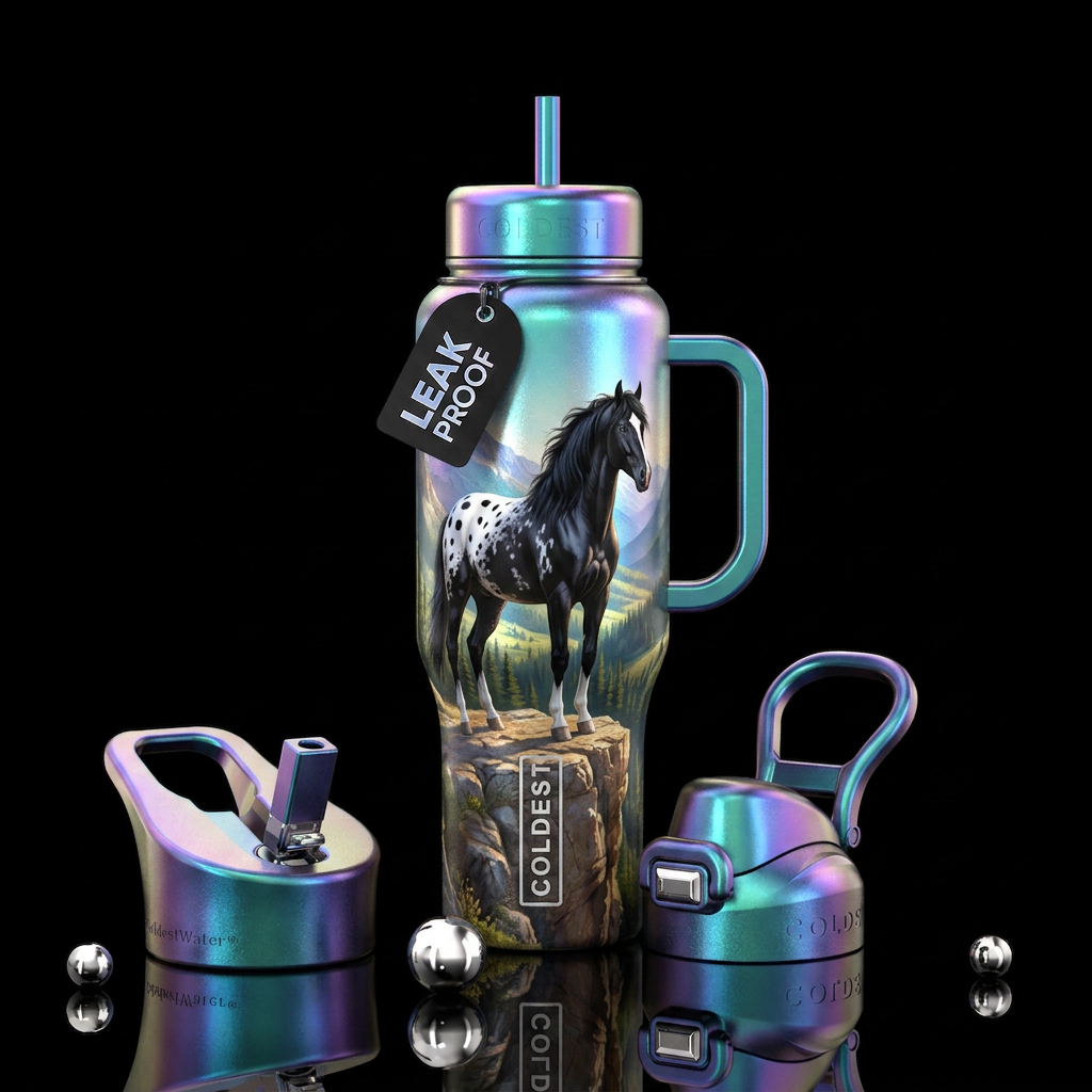 Black Appaloosa Stallion, white on rump with mediu... water bottle design