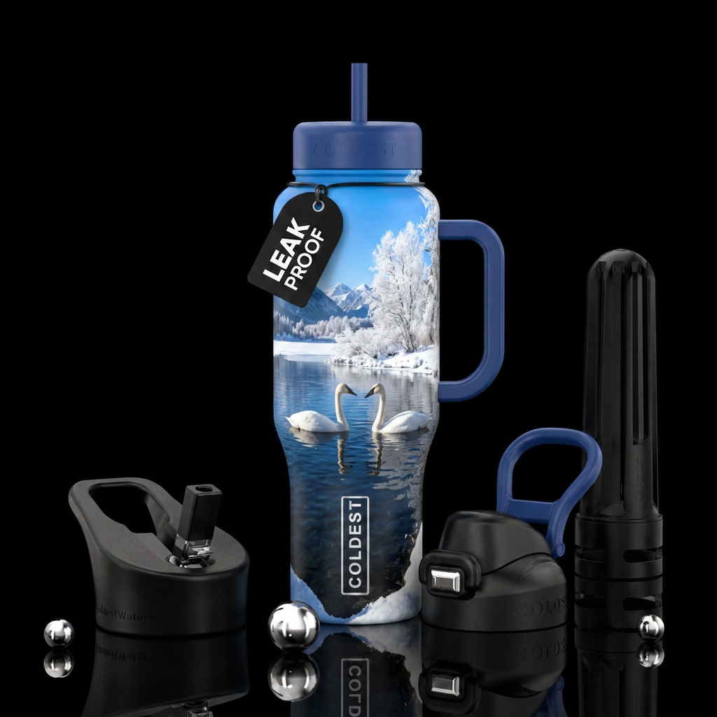 Pair of Trumpeter Swan swimming on clear winter la... water bottle design