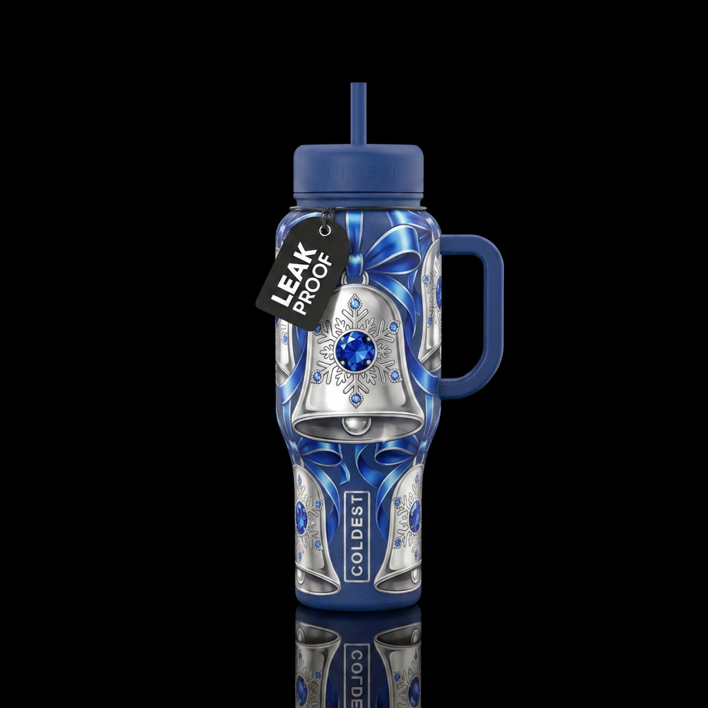 Silver bells, blue ribbon, snow flake design on ea... water bottle design