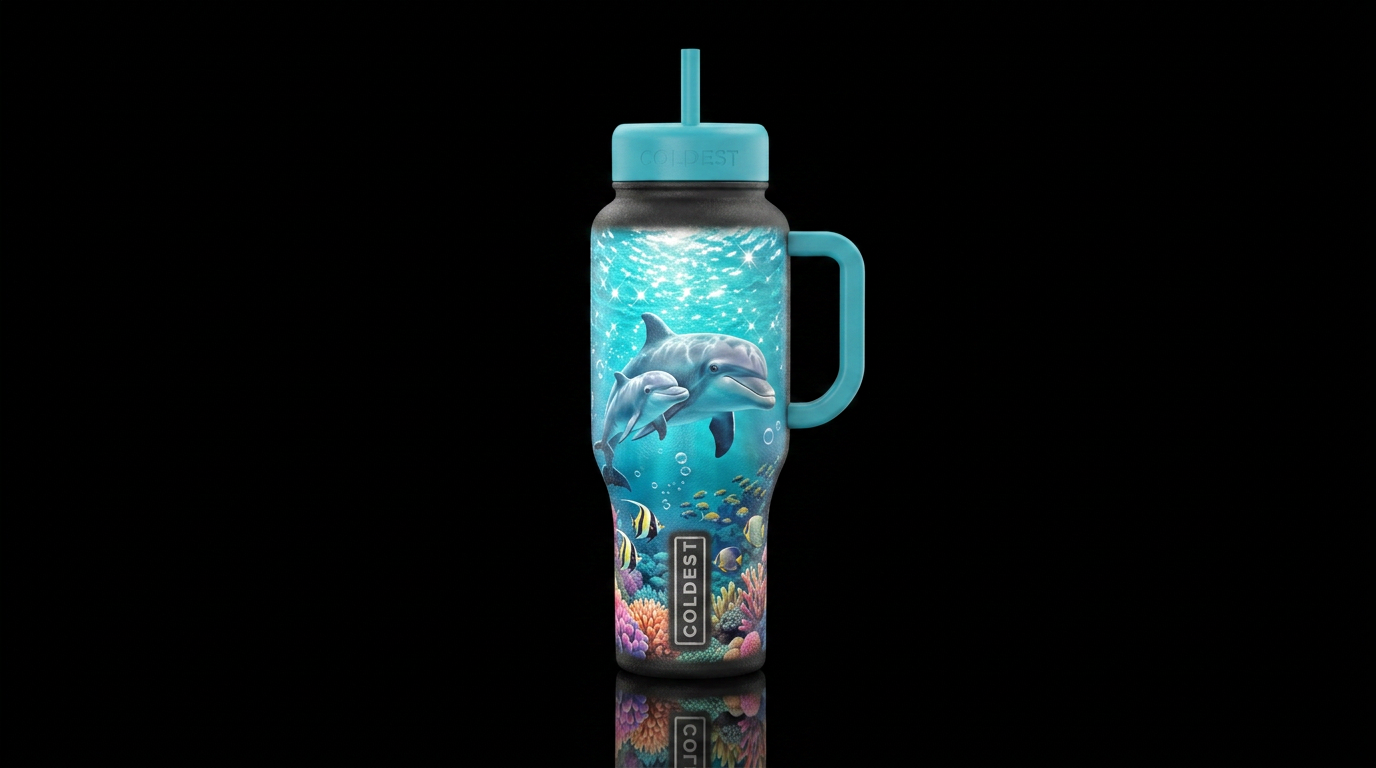 Mama and baby Dolphin swimming in sparkling shimme... water bottle design