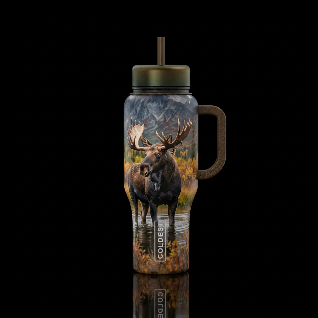 Bull moose velvet partially off his antlers standi... water bottle design
