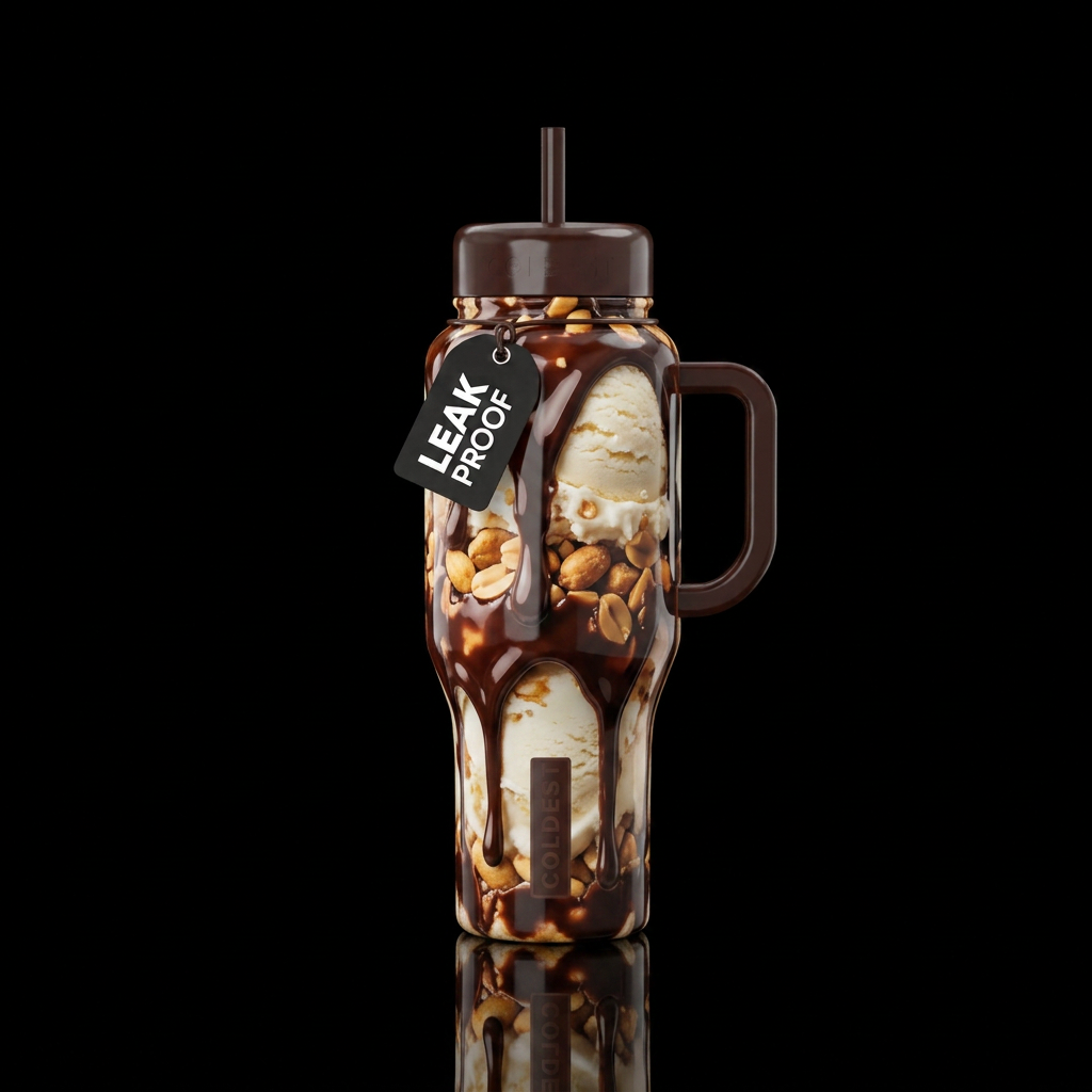 Peanut buster parfait oozing with chocolate syrup,... water bottle design