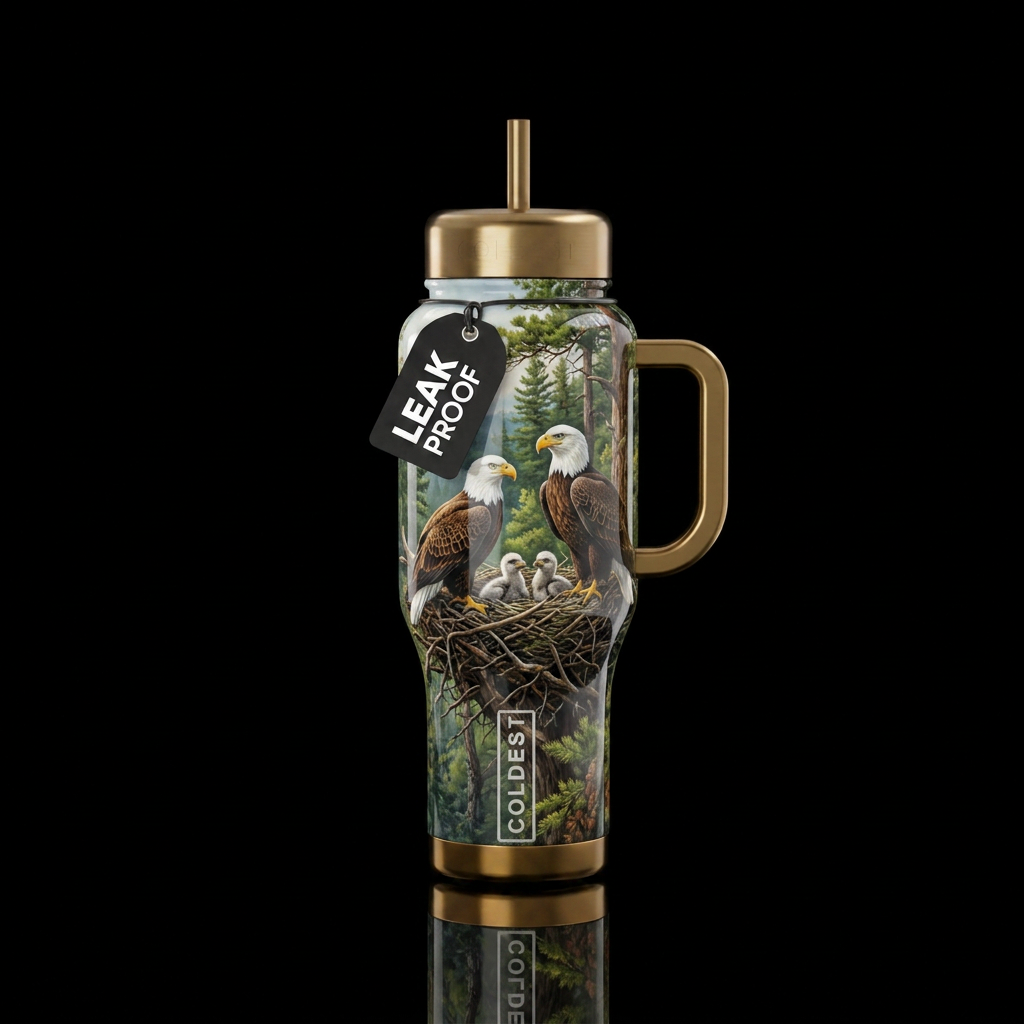 birds, Jackie bald eagle with two chick's in nest,... water bottle design
