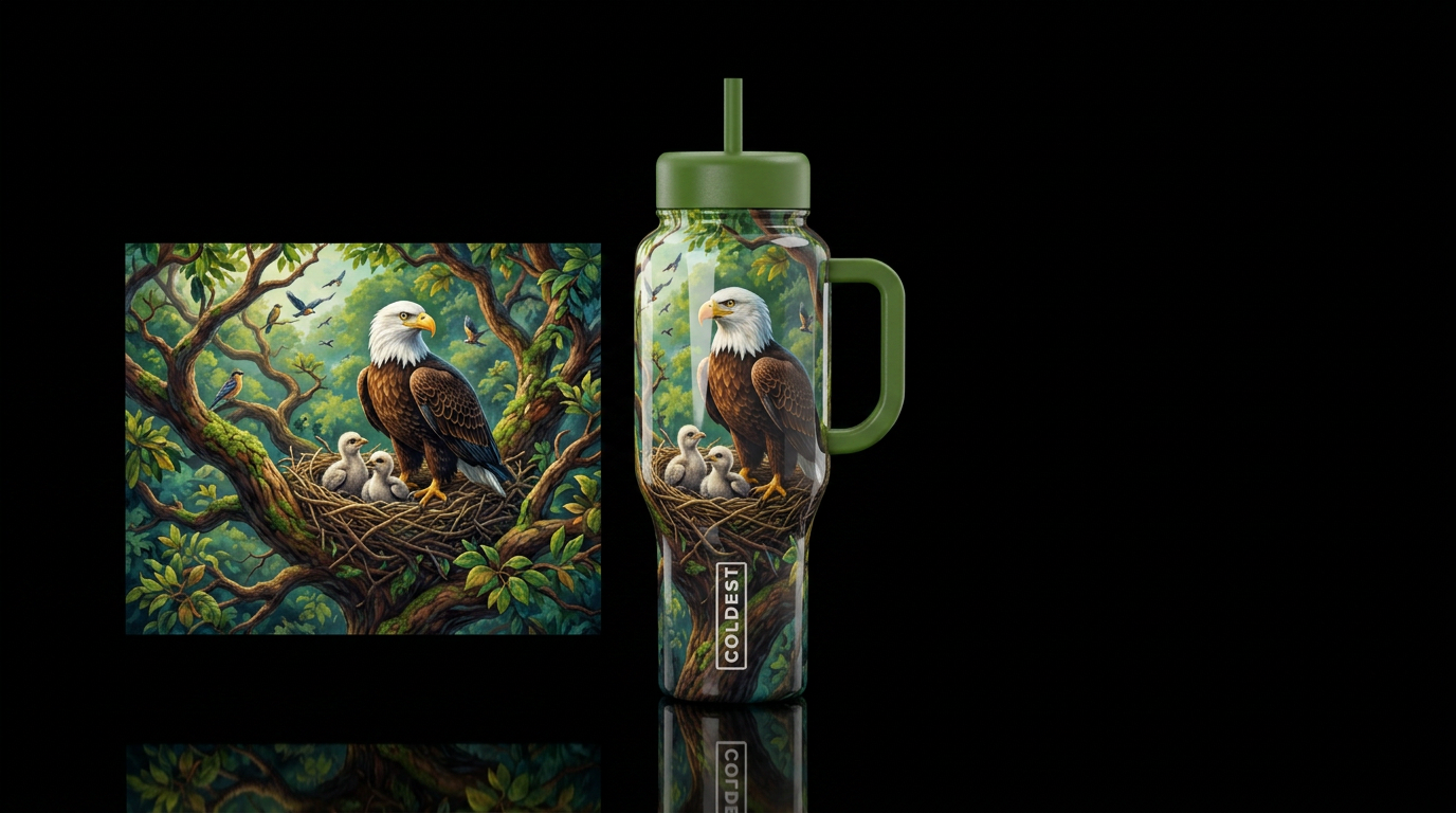 birds, Jackie bald eagle with two chick's in nest,... water bottle design