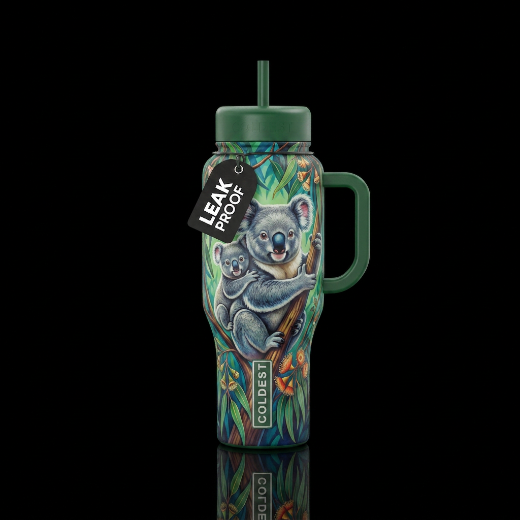 A and baby Koala in a Eucalyptus tree, vibrant, tr... water bottle design