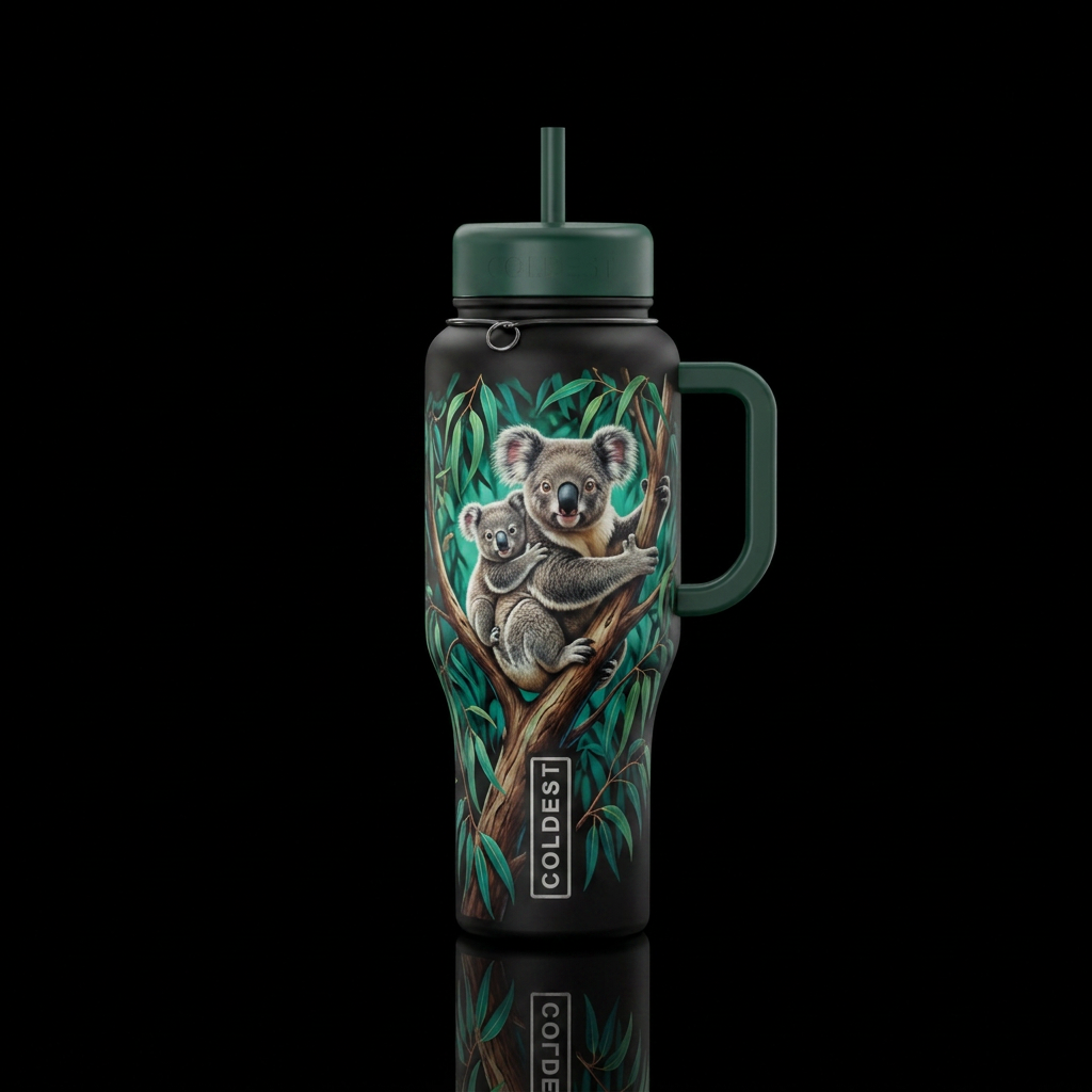 A and baby Koala in a Eucalyptus tree, vibrant, tr... water bottle design
