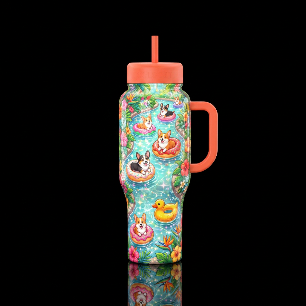 Cartoon corgis of different coat colors floating o... water bottle design
