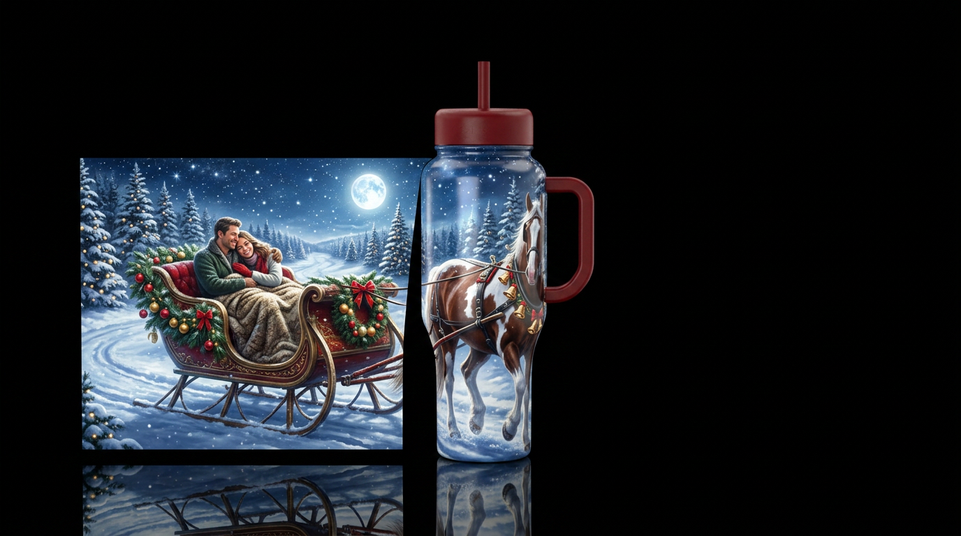 Sleigh decorated for Christmas pulled by a brown h... water bottle design
