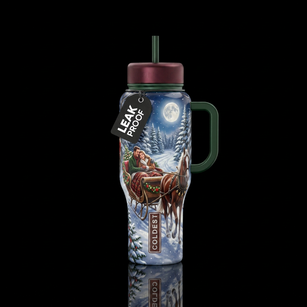 Sleigh decorated for Christmas pulled by a brown h... water bottle design