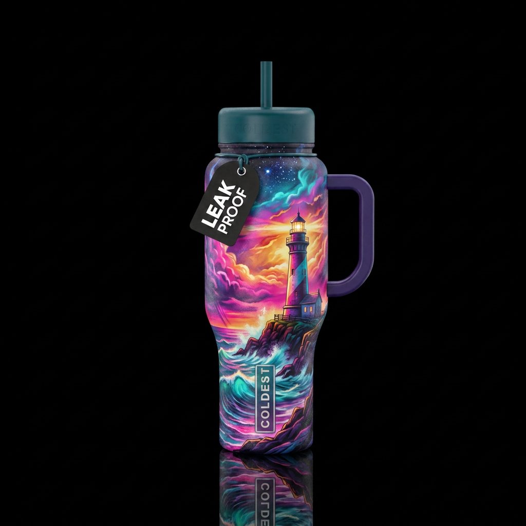 Lighthouse stormy sea and sky are vibrant pink pur... water bottle design