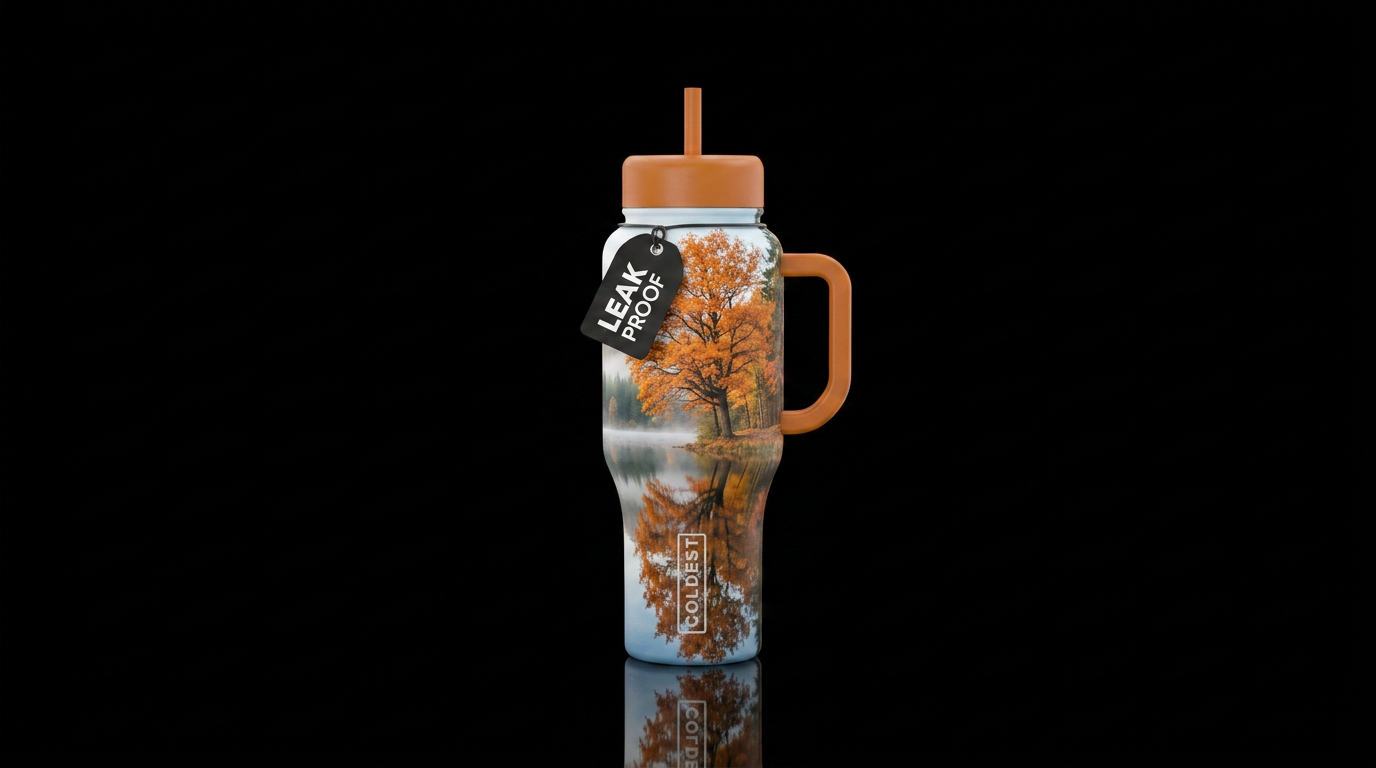 Large disiduous tree with orange leaves at edge of... water bottle design