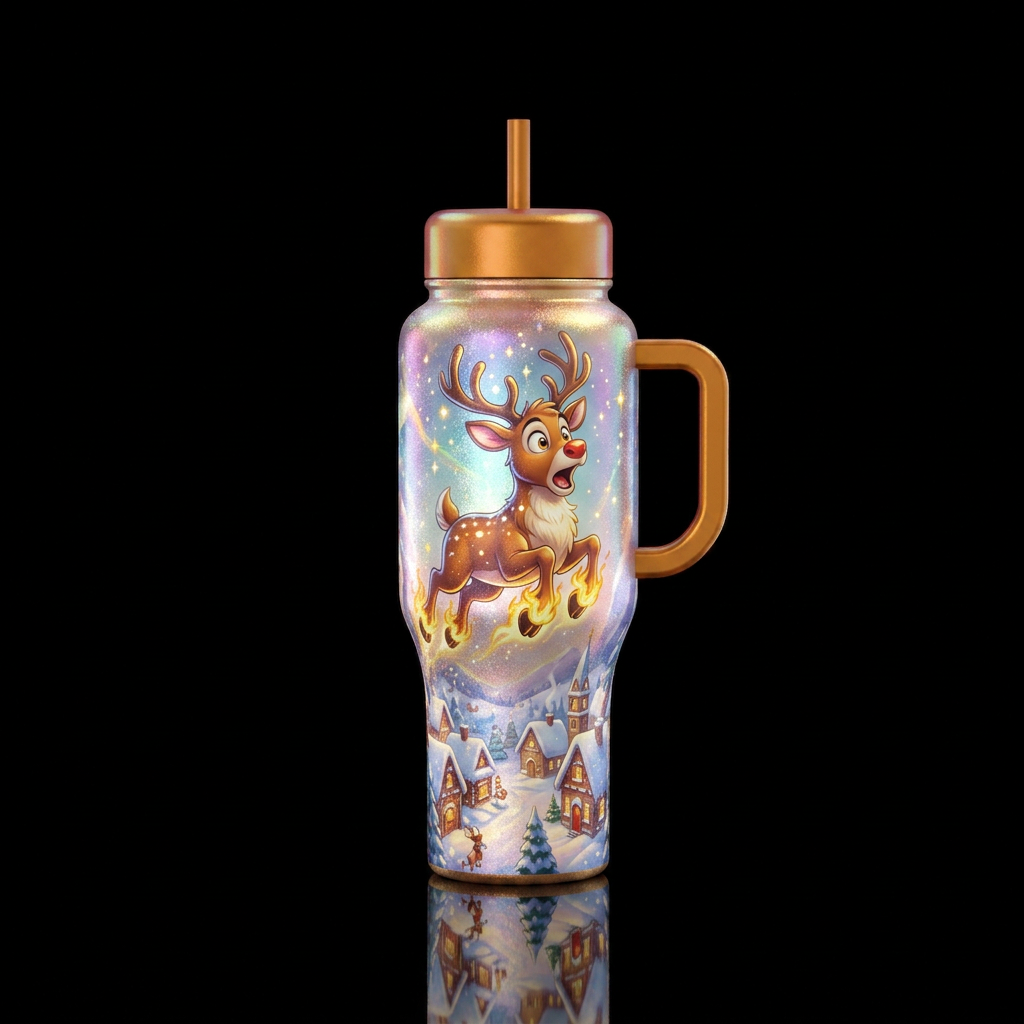 Cartoon reindeer flying above Santa's village hoov... water bottle design