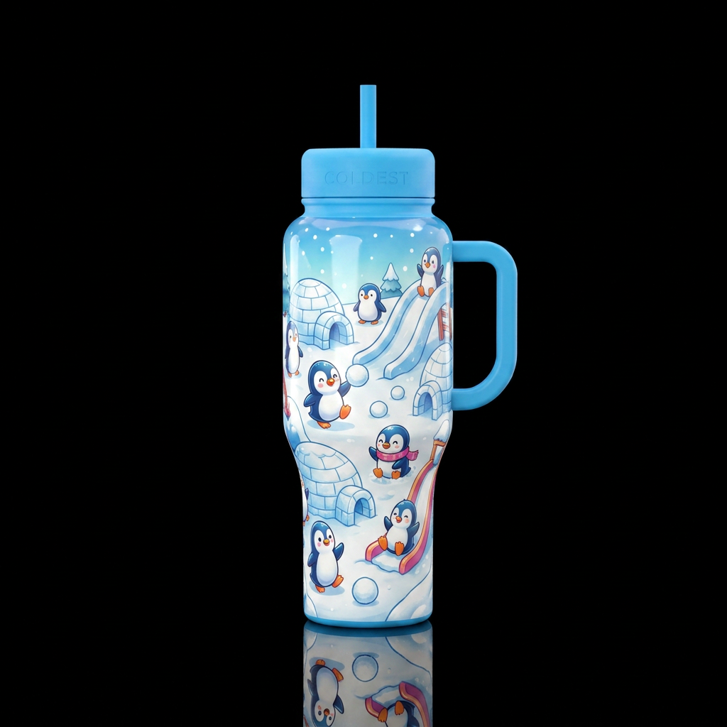 Happy Feet Play Land little cartoon penguins playi... water bottle design