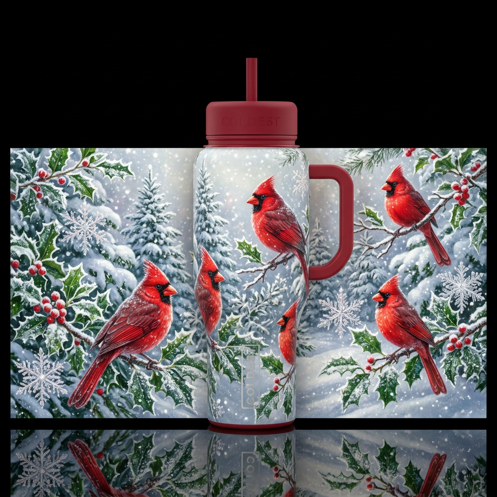 Frost covered Holly with Cardinals, snowflakes, sp... water bottle design
