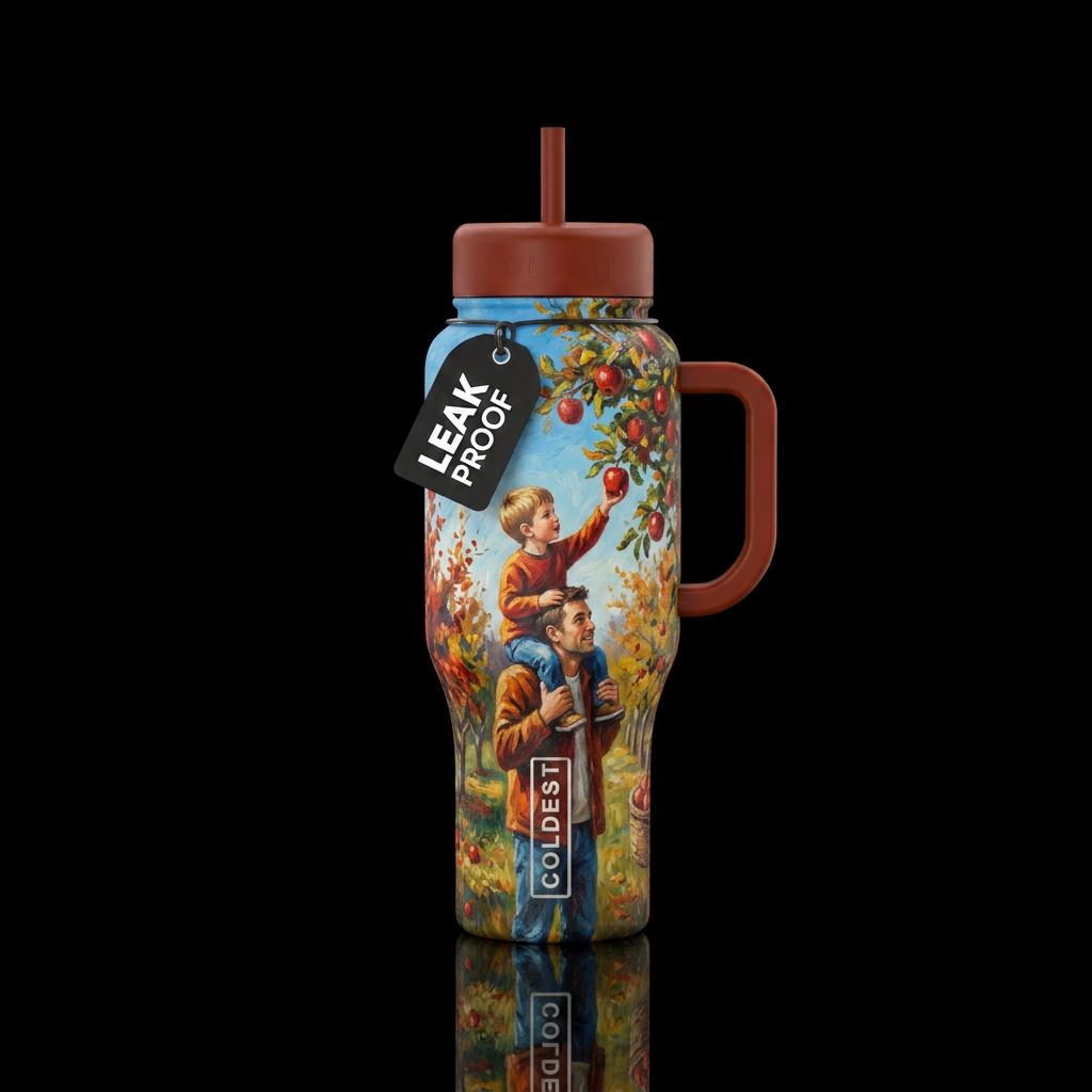 Small boy on dad's shoulders picking bright red ap... water bottle design