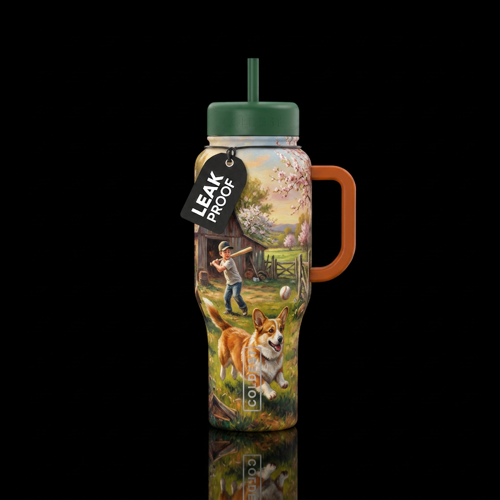 Young boy has hit a baseball out in the yard and h... water bottle design