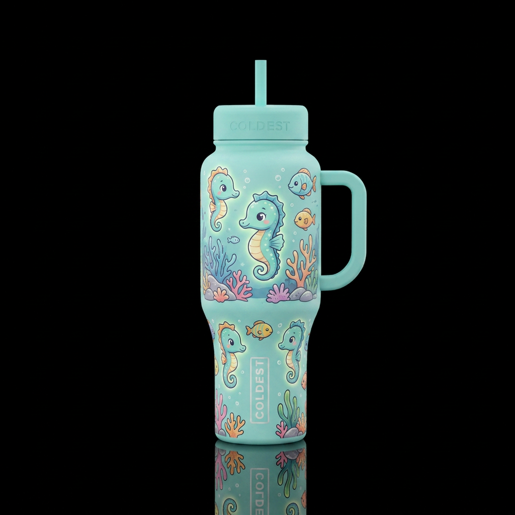Cartoon baby sea horses, glowie, pastel turquoise ... water bottle design