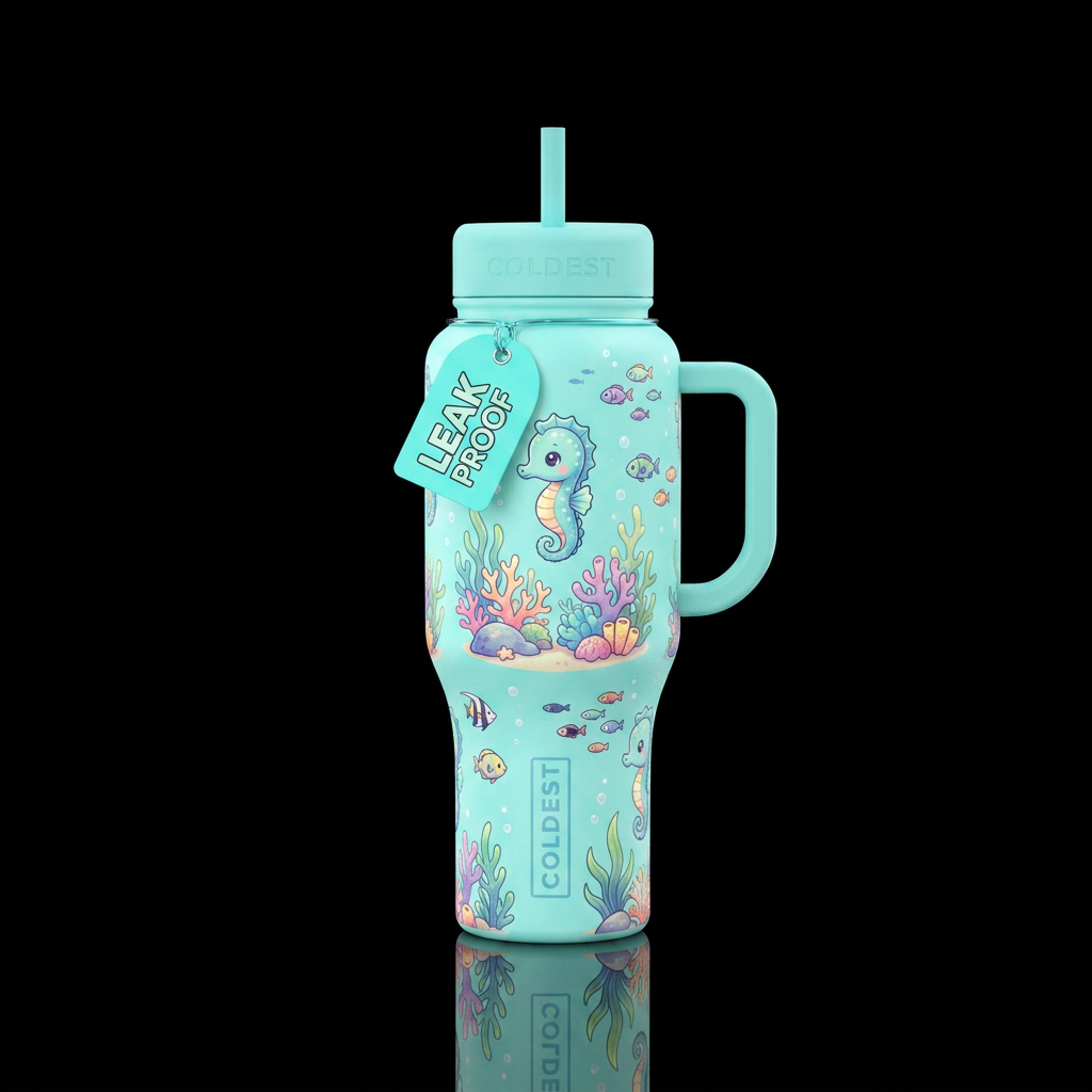 Cartoon baby sea horses, glowie, pastel turquoise ... water bottle design