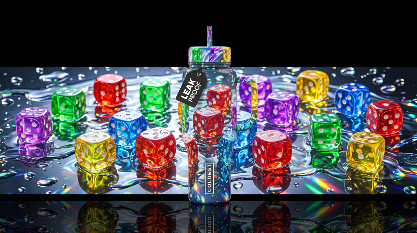 Multi color dice,15, clear sitting in a bit of wat... water bottle design
