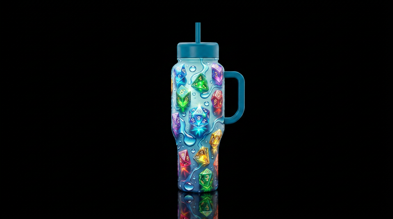 Multi color dice,15, clear sitting in a bit of wat... water bottle design