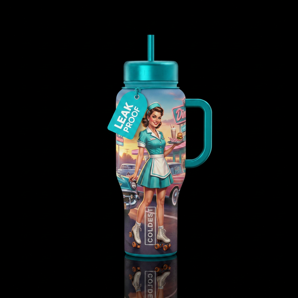 Waitress in the late 50's at a drive in on roller ... water bottle design