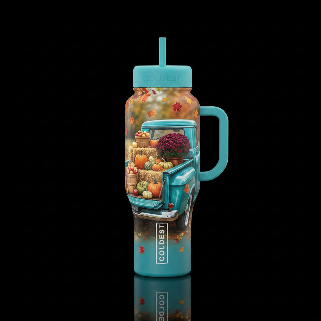 Turquoise 1957 Chevy pickup with bed facing viewer... water bottle design