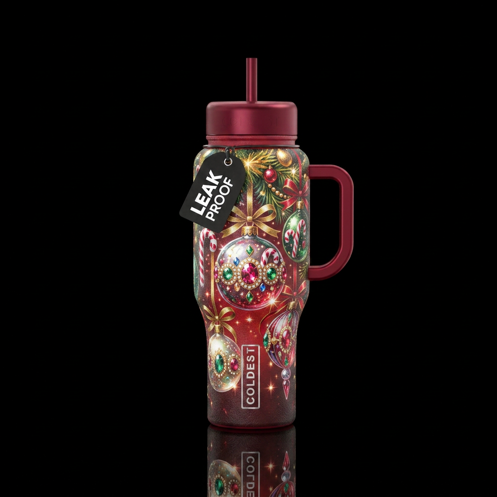 Christmas ornament hanging from garland with ribbo... water bottle design