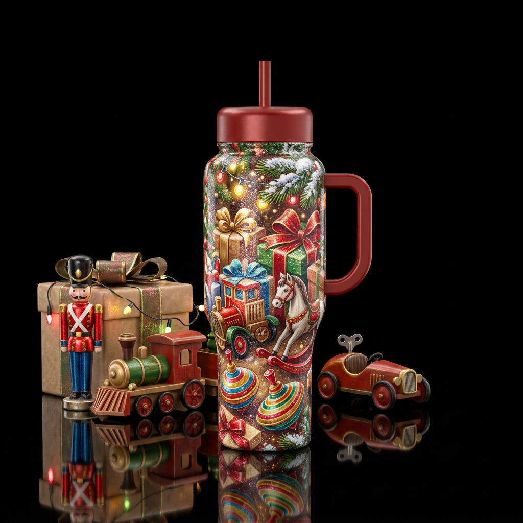Old-fashioned toys and games ready for Christmas m... water bottle design